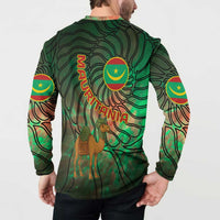 Mauritania Button Sweatshirt with Green Tie Dye Camel and Crescent Moon Flag Design