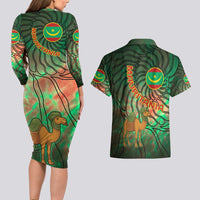 Mauritania Couples Matching Long Sleeve Bodycon Dress and Hawaiian Shirt with Green Tie Dye Camel and Crescent Moon Flag Design