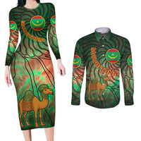 Mauritania Couples Matching Long Sleeve Bodycon Dress and Long Sleeve Button Shirt with Green Tie Dye Camel and Crescent Moon Flag Design