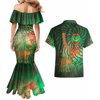 Mauritania Couples Matching Mermaid Dress and Hawaiian Shirt with Green Tie Dye Camel and Crescent Moon Flag Design