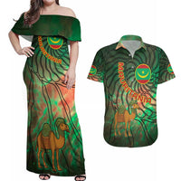 Mauritania Couples Matching Off Shoulder Maxi Dress and Hawaiian Shirt with Green Tie Dye Camel and Crescent Moon Flag Design