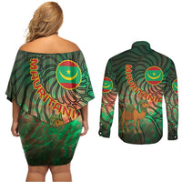 Mauritania Couples Matching Off Shoulder Short Dress and Long Sleeve Button Shirt with Green Tie Dye Camel and Crescent Moon Flag Design