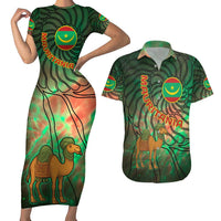 Mauritania Couples Matching Short Sleeve Bodycon Dress and Hawaiian Shirt with Green Tie Dye Camel and Crescent Moon Flag Design