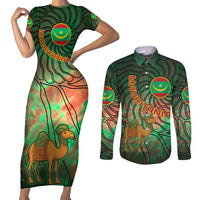 Mauritania Couples Matching Short Sleeve Bodycon Dress and Long Sleeve Button Shirt with Green Tie Dye Camel and Crescent Moon Flag Design
