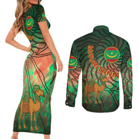 Mauritania Couples Matching Short Sleeve Bodycon Dress and Long Sleeve Button Shirt with Green Tie Dye Camel and Crescent Moon Flag Design