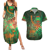 Mauritania Couples Matching Summer Maxi Dress and Hawaiian Shirt with Green Tie Dye Camel and Crescent Moon Flag Design