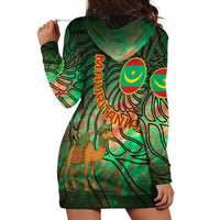 Mauritania Hoodie Dress with Green Tie Dye Camel and Crescent Moon Flag Design