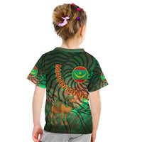 Mauritania Kid T Shirt with Green Tie Dye Camel and Crescent Moon Flag Design