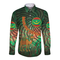 Mauritania Long Sleeve Button Shirt with Green Tie Dye Camel and Crescent Moon Flag Design