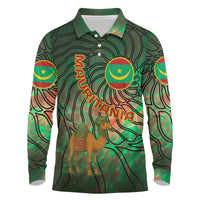 Mauritania Long Sleeve Polo Shirt with Green Tie Dye Camel and Crescent Moon Flag Design