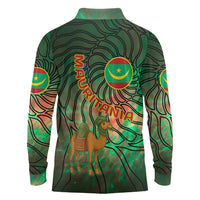 Mauritania Long Sleeve Polo Shirt with Green Tie Dye Camel and Crescent Moon Flag Design
