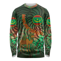 Mauritania Long Sleeve Shirt with Green Tie Dye Camel and Crescent Moon Flag Design