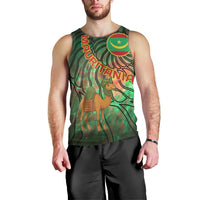Mauritania Men Tank Top with Green Tie Dye Camel and Crescent Moon Flag Design