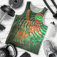 Mauritania Men Tank Top with Green Tie Dye Camel and Crescent Moon Flag Design