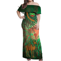 Mauritania Off Shoulder Maxi Dress with Green Tie Dye Camel and Crescent Moon Flag Design