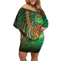 Mauritania Off Shoulder Short Dress with Green Tie Dye Camel and Crescent Moon Flag Design