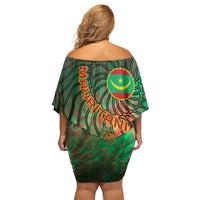 Mauritania Off Shoulder Short Dress with Green Tie Dye Camel and Crescent Moon Flag Design