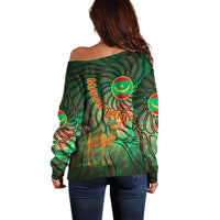 Mauritania Off Shoulder Sweater with Green Tie Dye Camel and Crescent Moon Flag Design