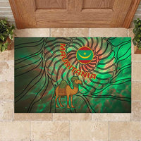 Mauritania Rubber Doormat with Green Tie Dye Camel and Crescent Moon Flag Design