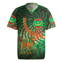 Mauritania Rugby Jersey with Green Tie Dye Camel and Crescent Moon Flag Design