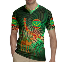 Mauritania Rugby Jersey with Green Tie Dye Camel and Crescent Moon Flag Design