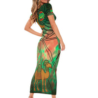 Mauritania Short Sleeve Bodycon Dress with Green Tie Dye Camel and Crescent Moon Flag Design