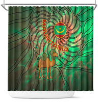 Mauritania Shower Curtain with Green Tie Dye Camel and Crescent Moon Flag Design