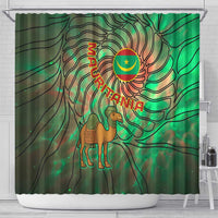 Mauritania Shower Curtain with Green Tie Dye Camel and Crescent Moon Flag Design