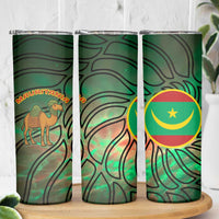 Mauritania Skinny Tumbler with Green Tie Dye Camel and Crescent Moon Flag Design