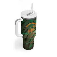 Mauritania Tumbler With Handle with Green Tie Dye Camel and Crescent Moon Flag Design