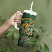 Mauritania Tumbler With Handle with Green Tie Dye Camel and Crescent Moon Flag Design