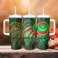 Mauritania Tumbler With Handle with Green Tie Dye Camel and Crescent Moon Flag Design