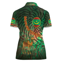 Mauritania Women Polo Shirt with Green Tie Dye Camel and Crescent Moon Flag Design