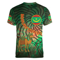 Mauritania Women V-Neck T-Shirt with Green Tie Dye Camel and Crescent Moon Flag Design