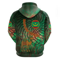 Mauritania Zip Hoodie with Green Tie Dye Camel and Crescent Moon Flag Design