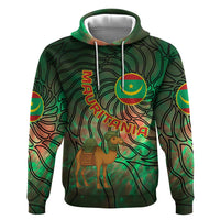 Mauritania Zip Hoodie with Green Tie Dye Camel and Crescent Moon Flag Design