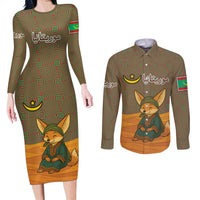Mauritania Couples Matching Long Sleeve Bodycon Dress and Long Sleeve Button Shirt with Cute Fennec Fox and Arabic Calligraphy Desert Design