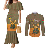 Mauritania Couples Matching Mermaid Dress and Long Sleeve Button Shirt with Cute Fennec Fox and Arabic Calligraphy Desert Design