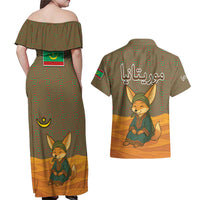 Mauritania Couples Matching Off Shoulder Maxi Dress and Hawaiian Shirt with Cute Fennec Fox and Arabic Calligraphy Desert Design