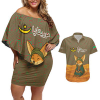 Mauritania Couples Matching Off Shoulder Short Dress and Hawaiian Shirt with Cute Fennec Fox and Arabic Calligraphy Desert Design