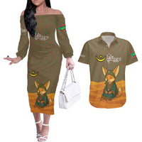 Mauritania Couples Matching Off The Shoulder Long Sleeve Dress and Hawaiian Shirt with Cute Fennec Fox and Arabic Calligraphy Desert Design