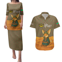 Mauritania Couples Matching Puletasi and Hawaiian Shirt with Cute Fennec Fox and Arabic Calligraphy Desert Design