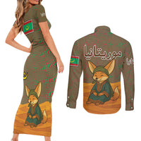 Mauritania Couples Matching Short Sleeve Bodycon Dress and Long Sleeve Button Shirt with Cute Fennec Fox and Arabic Calligraphy Desert Design