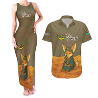 Mauritania Couples Matching Tank Maxi Dress and Hawaiian Shirt with Cute Fennec Fox and Arabic Calligraphy Desert Design