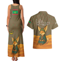 Mauritania Couples Matching Tank Maxi Dress and Hawaiian Shirt with Cute Fennec Fox and Arabic Calligraphy Desert Design