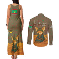 Mauritania Couples Matching Tank Maxi Dress and Long Sleeve Button Shirt with Cute Fennec Fox and Arabic Calligraphy Desert Design