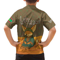 Mauritania Kid Hawaiian Shirt with Cute Fennec Fox and Arabic Calligraphy Desert Design
