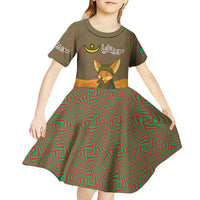 Mauritania Kid Short Sleeve Dress with Cute Fennec Fox and Arabic Calligraphy Desert Design