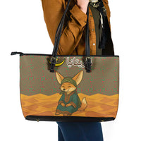 Mauritania Leather Tote Bag with Cute Fennec Fox and Arabic Calligraphy Desert Design