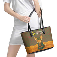 Mauritania Leather Tote Bag with Cute Fennec Fox and Arabic Calligraphy Desert Design
